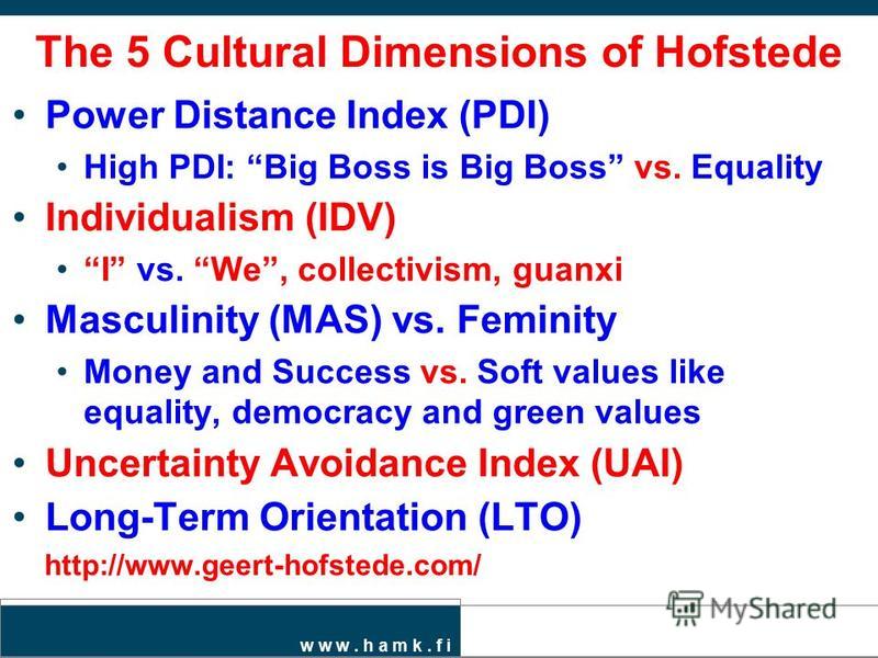 w w w. h a m k. f i The 5 Cultural Dimensions of Hofstede Power Distance Index (PDI) High PDI: Big Boss is Big Boss vs. Equality Individualism (IDV) I vs. We, collectivism, guanxi Masculinity (MAS) vs. Feminity Money and Success vs. Soft values like 