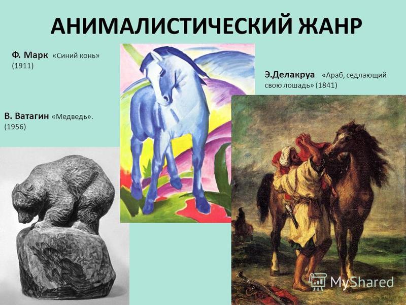 АНИМАЛИСТИЧЕСКИЙ ЖАНР В. Ватагин «Медведь». (1956) Ф. Марк «Синий конь» (1911) Э.Делакруа «Араб, седлающий свою лошадь» (1841)