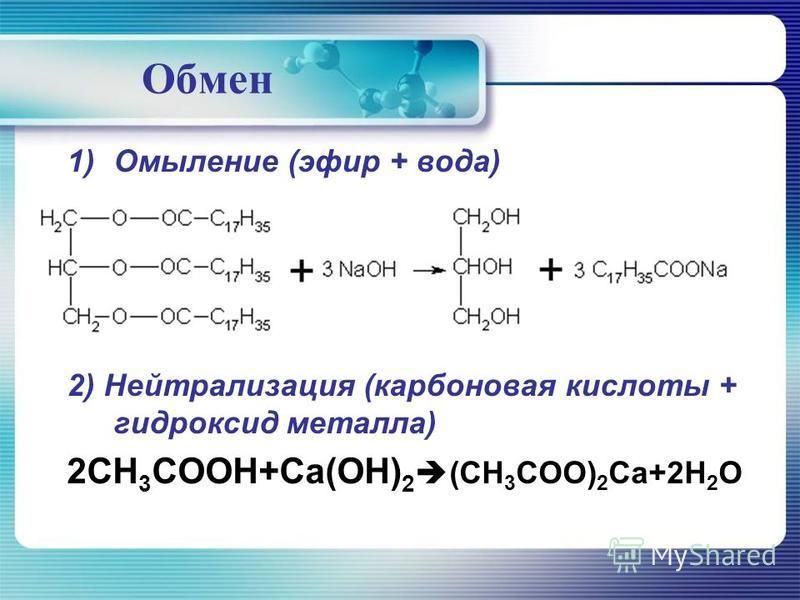 Обмен 1)Омыление (эфир + вода) 2) Нейтрализация (карбоновая кислоты + гидраксид металла) 2CH 3 COOH+Ca(OH) 2 (CH 3 COO) 2 Ca+2H 2 O