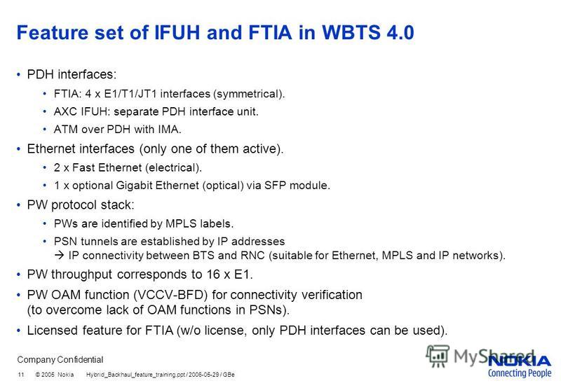 Company Confidential 11 © 2005 Nokia Hybrid_Backhaul_feature_training.ppt / 2006-05-29 / GBe Feature set of IFUH and FTIA in WBTS 4.0 PDH interfaces: FTIA: 4 x E1/T1/JT1 interfaces (symmetrical). AXC IFUH: separate PDH interface unit. ATM over PDH wi
