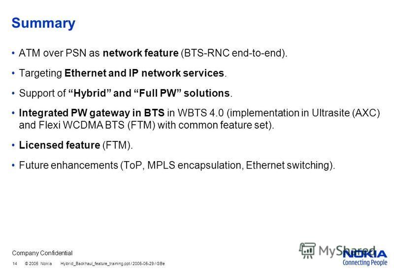 Company Confidential 14 © 2005 Nokia Hybrid_Backhaul_feature_training.ppt / 2006-05-29 / GBe Summary ATM over PSN as network feature (BTS-RNC end-to-end). Targeting Ethernet and IP network services. Support of Hybrid and Full PW solutions. Integrated
