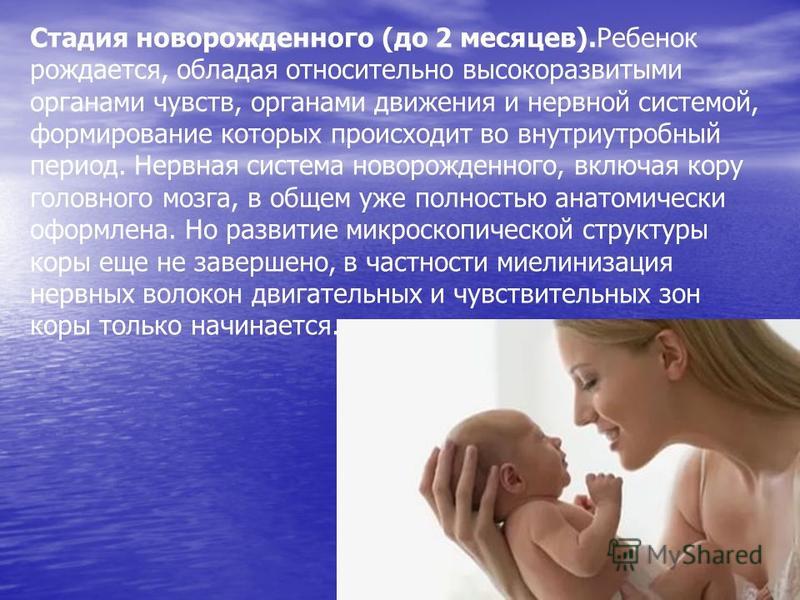 Стадия новорожденного (до 2 месяцев).Ребенок рождается, обладая относительно высокоразвитыми органами чувств, органами движения и нервной системой, формирование которых происходит во внутриутробный период. Нервная система новорожденного, включая кору