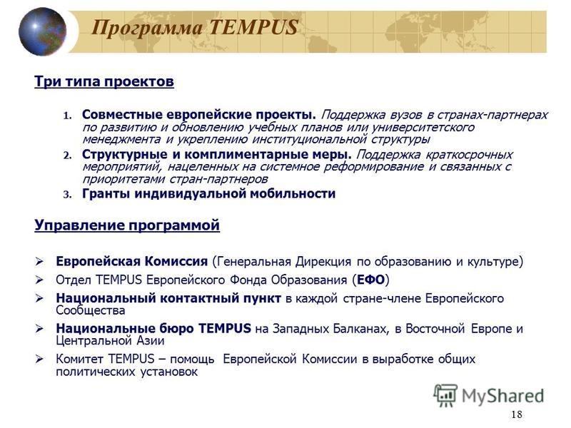18 Программа TEMPUS Три типа проектов 1. Совместные европейские проекты. Поддержка вузов в странах-партнерах по развитию и обновлению учебных планов или университетского менеджмента и укреплению институциональной структуры 2. Структурные и комплимент