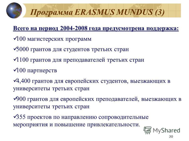 30 Программа ERASMUS MUNDUS (3) Всего на период 2004-2008 года предусмотрена поддержка: 100 магистерских программ 5000 грантов для студентов третьих стран 1100 грантов для преподавателей третьих стран 100 партнерств 4,400 грантов для европейских студ
