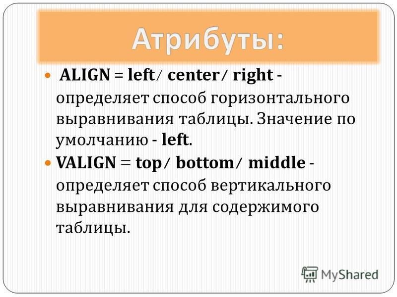 ALIGN = left/ center/ right - определяет способ горизонтального выравнивания таблицы. Значение по умолчанию - left. VALIGN = top/ bottom/ middle - определяет способ вертикального выравнивания для содержимого таблицы.