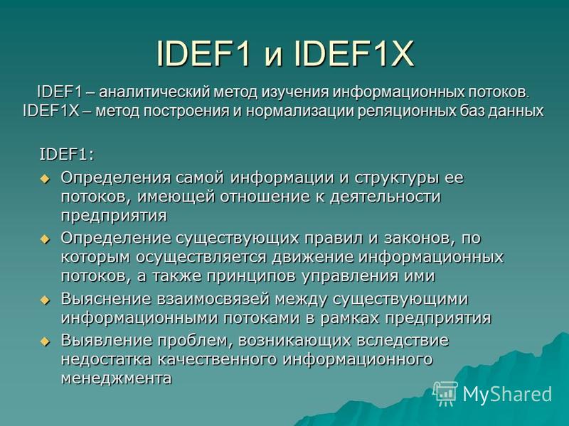 IDEF1 и IDEF1X IDEF1 – аналитический метод изучения информационных потоков. IDEF1X – метод построения и нормализации реляционных баз данных IDEF1: Определения самой информации и структуры ее потоков, имеющей отношение к деятельности предприятия Опред