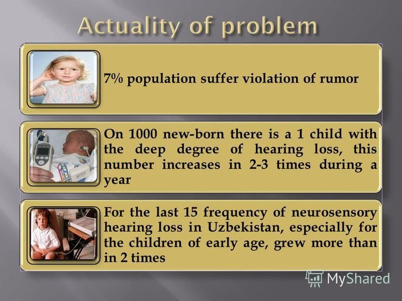 7% population suffer violation of rumor On 1000 new-born there is a 1 child with the deep degree of hearing loss, this number increases in 2-3 times during a year For the last 15 frequency of neurosensory hearing loss in Uzbekistan, especially for th