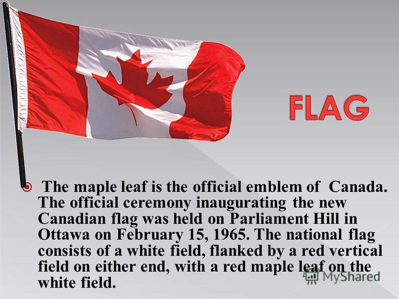 The maple leaf is the official emblem of Canada. The official ceremony inaugurating the new Canadian flag was held on Parliament Hill in Ottawa on February 15, 1965. The national flag consists of a white field, flanked by a red vertical field on eith