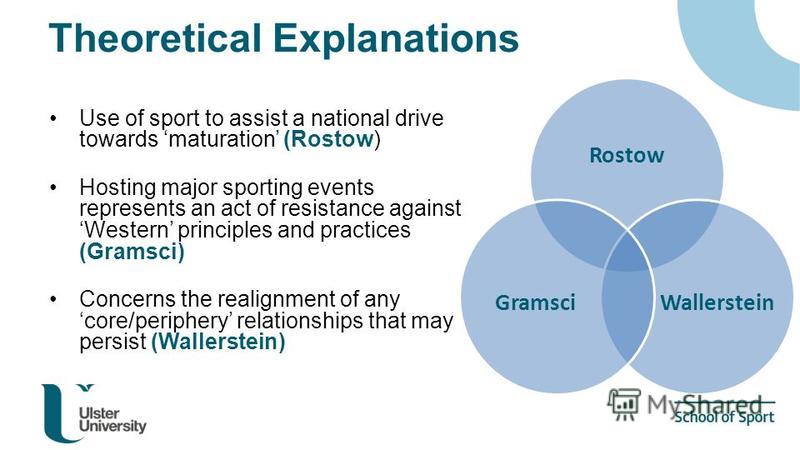 Theoretical Explanations Use of sport to assist a national drive towards maturation (Rostow) Hosting major sporting events represents an act of resistance againstWestern principles and practices (Gramsci) Concerns the realignment of anycore/periphery