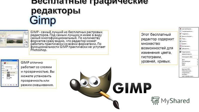 GIMP - самый лучший из бесплатных растровых редакторов. Под самым лучшим я имею в виду самый многофункциональный. По количеству форматов сразу видно, что редактор может работать практически со всеми форматами. По функциональности GIMP практически не 