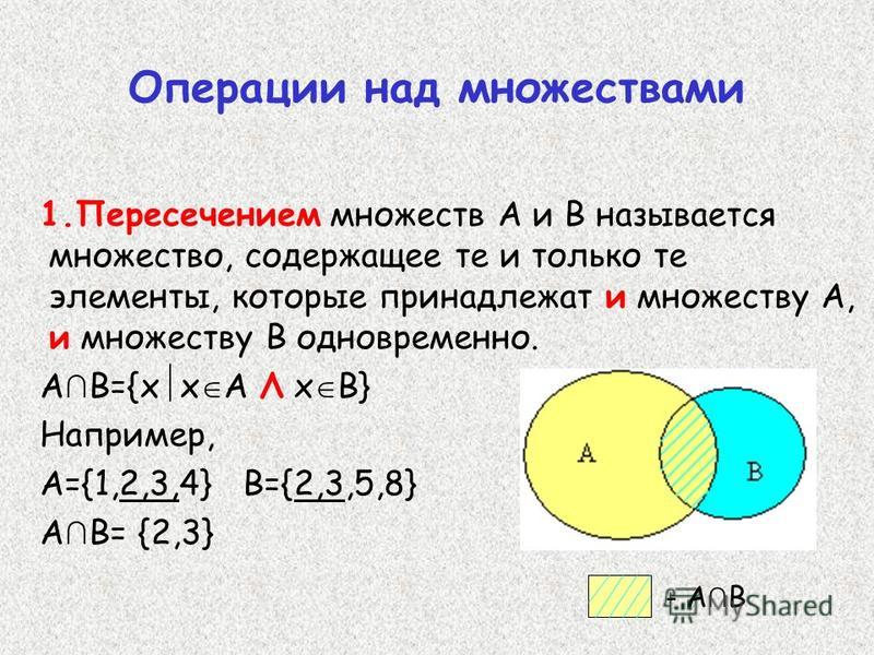 Операции над множествами 1. Пересечением множеств А и В называется множество, содержащее те и только те элементы, которые принадлежат и множеству А, и множеству В одновременно. А В={х х А Λ х В} Например, А={1,2,3,4} В={2,3,5,8} А В= {2,3} - А В