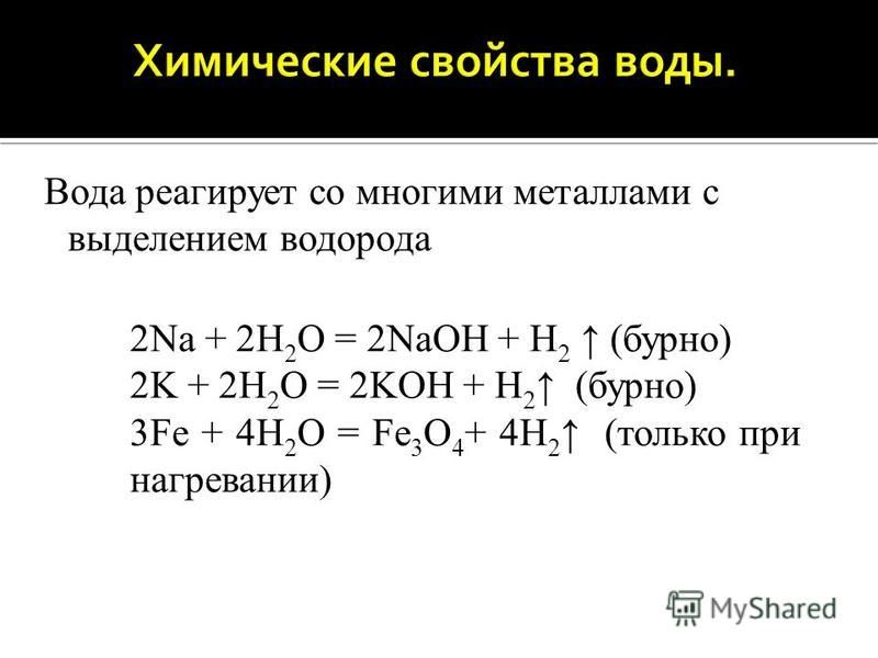 Вода реагирует со многими металлами с выделением водорода 2Na + 2H 2 O = 2NaOH + H 2 (бурно) 2K + 2H 2 O = 2KOH + H 2 (бурно) 3Fe + 4H 2 O = Fe 3 O 4 + 4H 2 (только при нагревании)