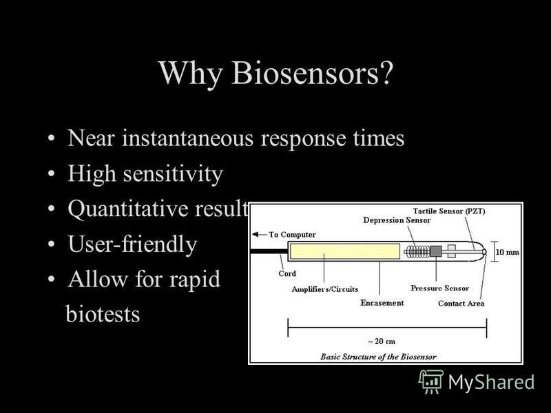 Why Biosensors? Near instantaneous response times High sensitivity Quantitative results User-friendly Allow for rapid biotests