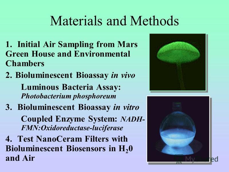 Materials and Methods 1. Initial Air Sampling from Mars Green House and Environmental Chambers 2. Bioluminescent Bioassay in vivo Luminous Bacteria Assay: Photobacterium phosphoreum 3. Bioluminescent Bioassay in vitro Coupled Enzyme System: NADH- FMN