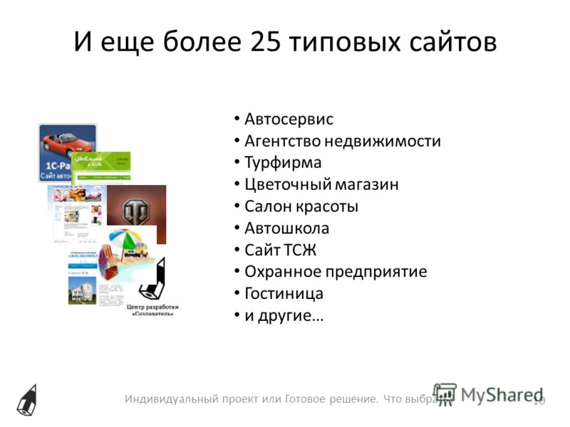 И еще более 25 типовых сайтов Индивидуальный проект или Готовое решение. Что выбрать? 10 Автосервис Агентство недвижимости Турфирма Цветочный магазин 