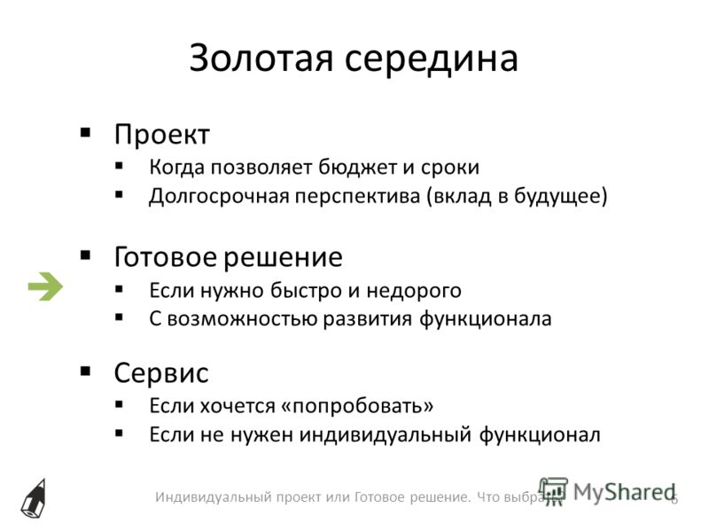 Золотая середина Индивидуальный проект или Готовое решение. Что выбрать? 6 Проект Когда позволяет бюджет и сроки Долгосрочная перспектива (вклад в буд