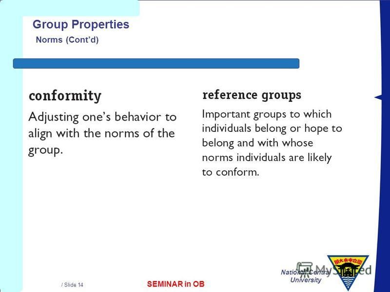 SEMINAR in OB National Central University / Slide 14 Group Properties Norms (Contd)