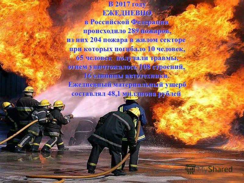 22 В 2017 году ЕЖЕДНЕВНО в Российской Федерации происходило 289 пожаров, из них 204 пожара в жилом секторе при которых погибало 10 человек, 65 человек получали травмы, 65 человек получали травмы, огнем уничтожалось 108 строений, 16 единицы автотехник