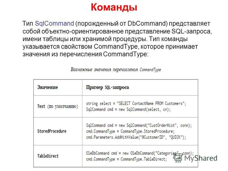 Команды Тип SqlCommand (порожденный от DbCommand) представляет собой объектно-ориентированное представление SQL-запроса, имени таблицы или хранимой процедуры. Тип команды указывается свойством CommandType, которое принимает значения из перечисления C