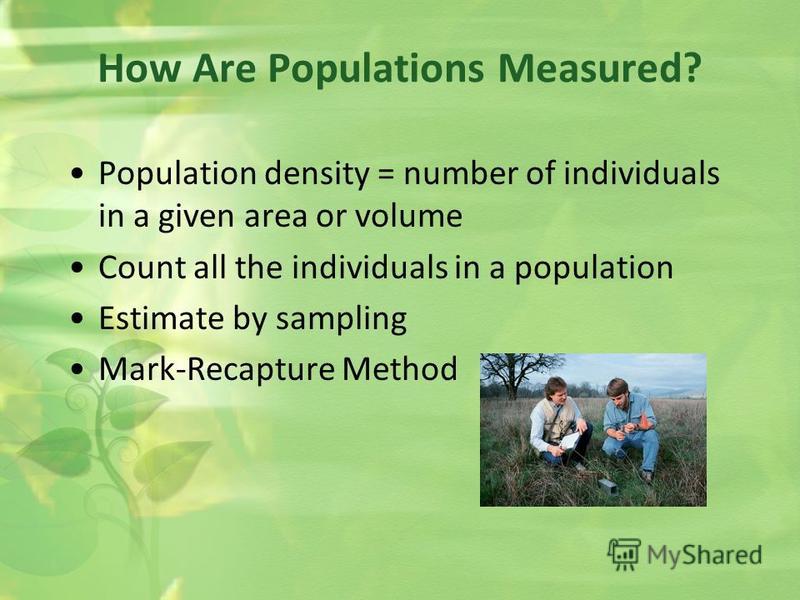 Population density = number of individuals in a given area or volume Count all the individuals in a population Estimate by sampling Mark-Recapture Method How Are Populations Measured?