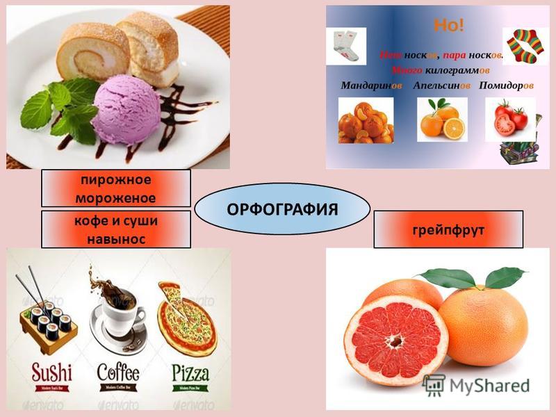 ОРФОГРАФИЯ пирожное мороженое кофе и суши навынос грейпфрут
