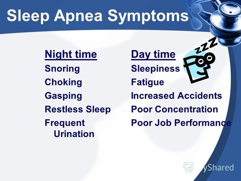 Sleep Apnea Symptoms Night time Snoring Choking Gasping Restless Sleep Frequent Urination Day time Sleepiness Fatigue Increased Accidents Poor Concentration Poor Job Performance