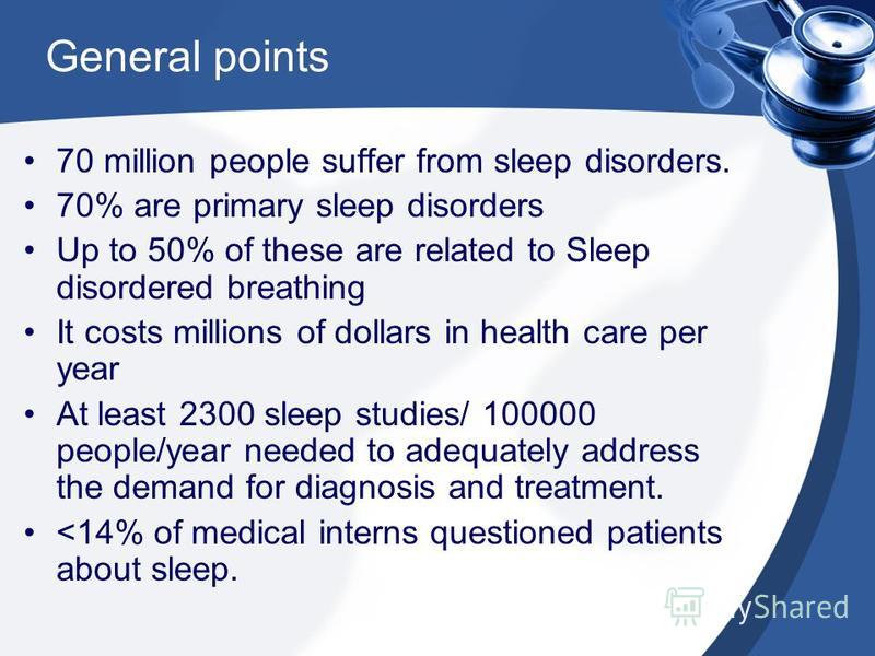 General points 70 million people suffer from sleep disorders. 70% are primary sleep disorders Up to 50% of these are related to Sleep disordered breathing It costs millions of dollars in health care per year At least 2300 sleep studies/ 100000 people