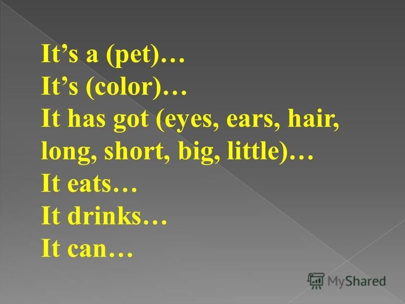 Its a (pet)… Its (color)… It has got (eyes, ears, hair, long, short, big, little)… It eats… It drinks… It can…