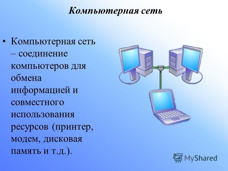 Компьютерная сеть Компьютерная сеть – соединение компьютеров для обмена информацией и совместного использования ресурсов (принтер, модем, дисковая память и т.д.).