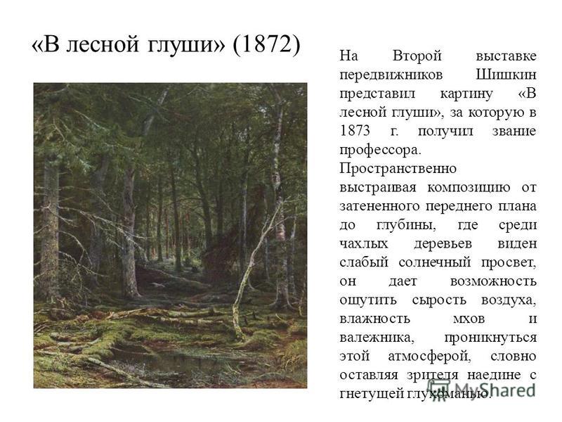 «В лесной глуши» (1872) На Второй выставке передвижников Шишкин представил картину «В лесной глуши», за которую в 1873 г. получил звание профессора. Пространственно выстраивая композицию от затененного переднего плана до глубины, где среди чахлых дер