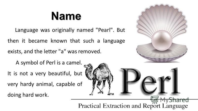 Language was originally named Pearl. But then it became known that such a language exists, and the letter a was removed. Name A symbol of Perl is a camel. It is not a very beautiful, but very hardy animal, capable of doing hard work.