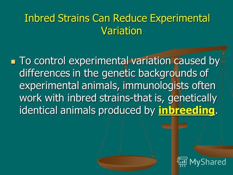 Inbred Strains Can Reduce Experimental Variation To control experimental variation caused by differences in the genetic backgrounds of experimental animals, immunologists often work with inbred strains-that is, genetically identical animals produced 