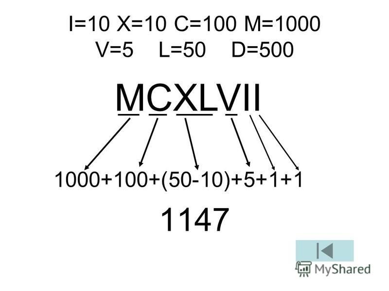1000+100+(50-10)+5+1+1 1147 I=10 X=10 C=100 M=1000 V=5 L=50 D=500 MCXLVII