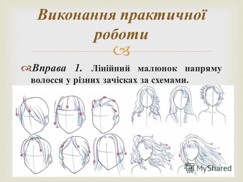 Вправа 1. Лінійний малюнок напряму волосся у різних зачісках за схемами. Виконання практичної роботи