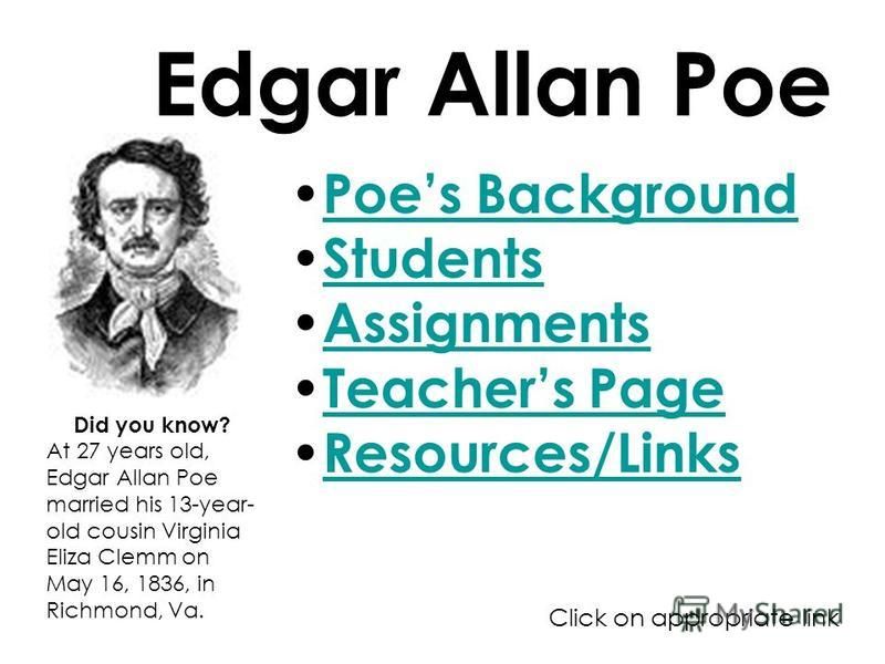 Edgar Allan Poe Poes Background Students Assignments Teachers Page Resources/Links Did you know? At 27 years old, Edgar Allan Poe married his 13-year- old cousin Virginia Eliza Clemm on May 16, 1836, in Richmond, Va. Click on appropriate link