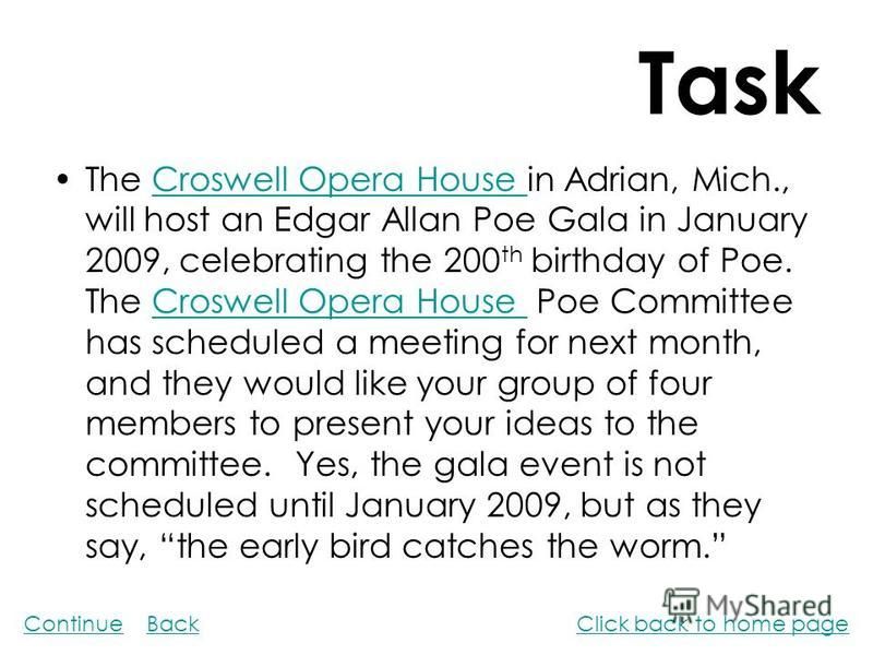 Task The Croswell Opera House in Adrian, Mich., will host an Edgar Allan Poe Gala in January 2009, celebrating the 200 th birthday of Poe. The Croswell Opera House Poe Committee has scheduled a meeting for next month, and they would like your group o
