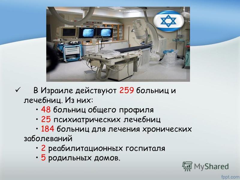 В Израиле действуют 259 больниц и лечебниц. Из них: 48 больниц общего профиля 25 психиатрических лечебниц 184 больниц для лечения хронических заболеваний 2 реабилитационных госпиталя 5 родильных домов.