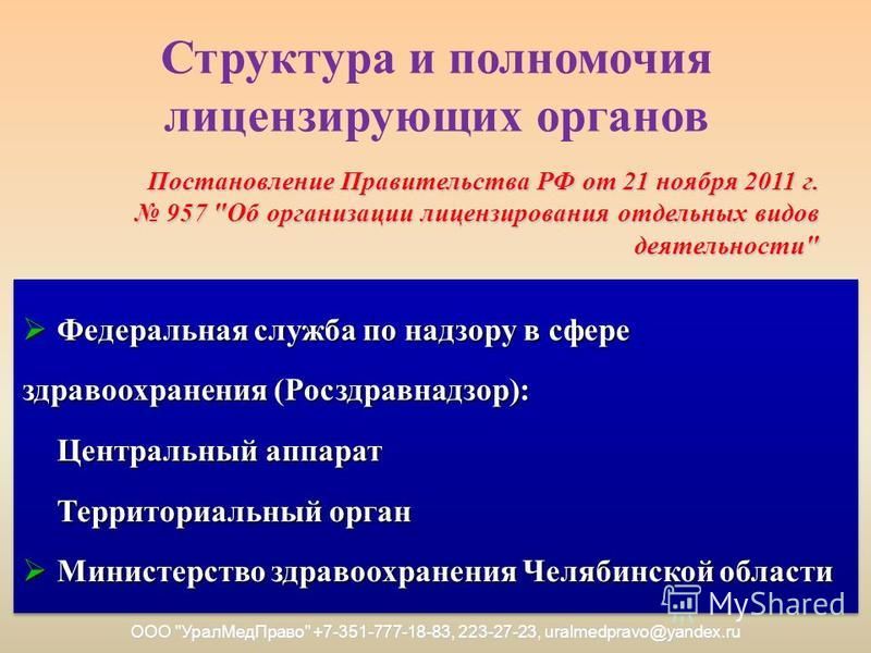 Структура и полномочия лицензирующих органов Постановление Правительства РФ от 21 ноября 2011 г. 957 