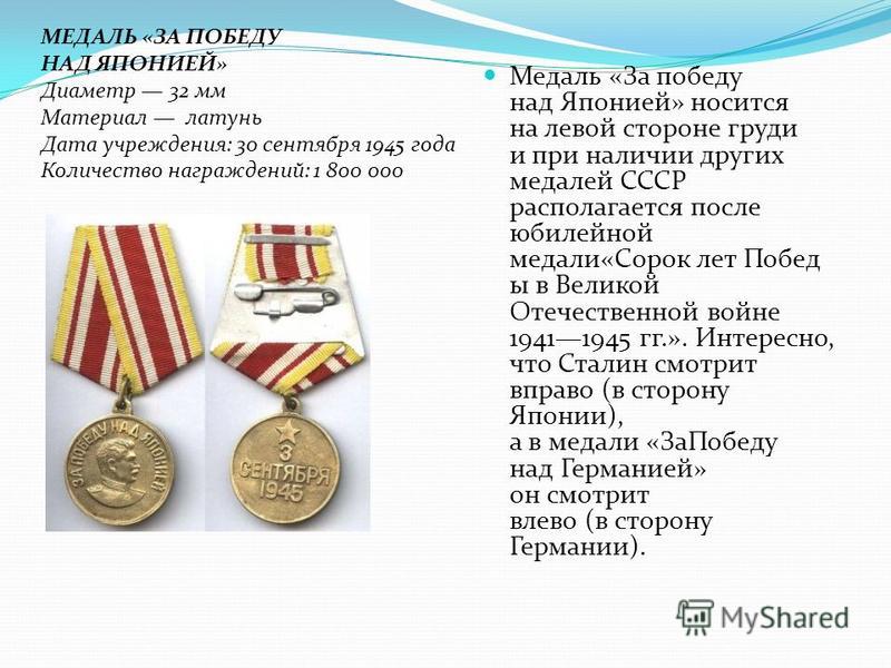 Медаль «За победу над Японией» носится на левой стороне груди и при наличии других медалей СССР располагается после юбилейной медали«Сорок лет Побед ы в Великой Отечественной войне 19411945 гг.». Интересно, что Сталин смотрит вправо (в сторону Японии