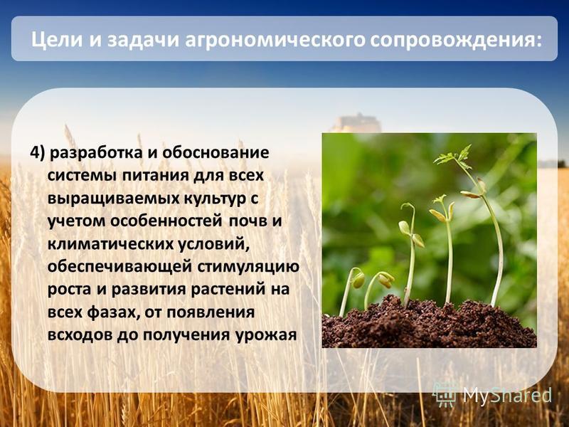4) разработка и обоснование системы питания для всех выращиваемых культур с учетом особенностей почв и климатических условий, обеспечивающей стимуляцию роста и развития растений на всех фазах, от появления всходов до получения урожая Цели и задачи аг