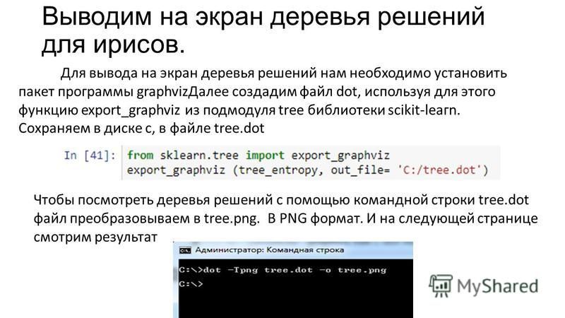 Выводим на экран деревья решений для ирисов. Для вывода на экран деревья решений нам необходимо установить пакет программы graphviz Далее создадим файл dat, используя для этого функцию export_graphviz из подмодуля tree библиотеки scikit-learn. Сохран
