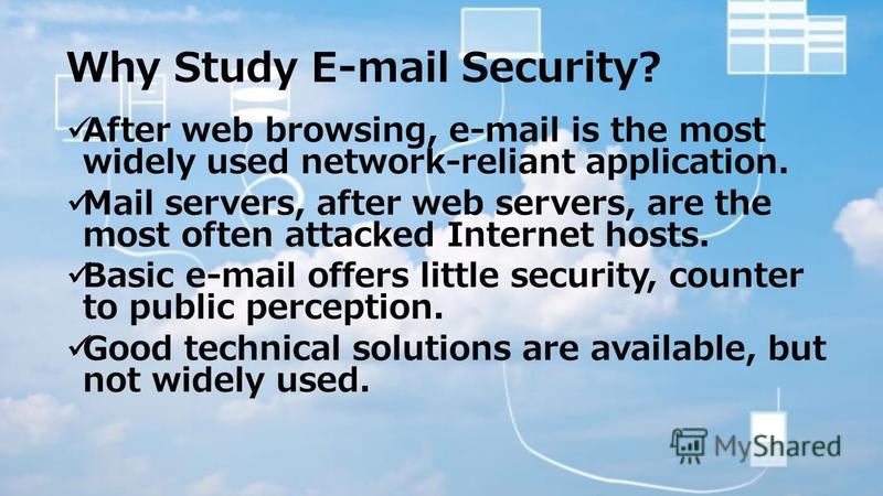 Why Study E-mail Security? After web browsing, e-mail is the most widely used network-reliant application. Mail servers, after web servers, are the most often attacked Internet hosts. Basic e-mail offers little security, counter to public perception.