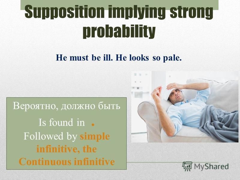 Supposition implying strong probability He must be ill. He looks so pale. Вероятно, должно быть Is found in. Followed by simple infinitive, the Continuous infinitive