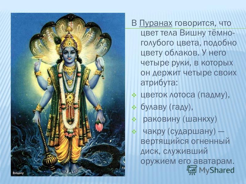 В Пуранах говорится, что цвет тела Вишну тёмно- голубого цвета, подобно цвету облаков. У него четыре руки, в которых он держит четыре своих атрибута: цветок лотоса (падму), булаву (гаду), раковину (шанкху) чакру (сударшану) вертящийся огненный диск, 