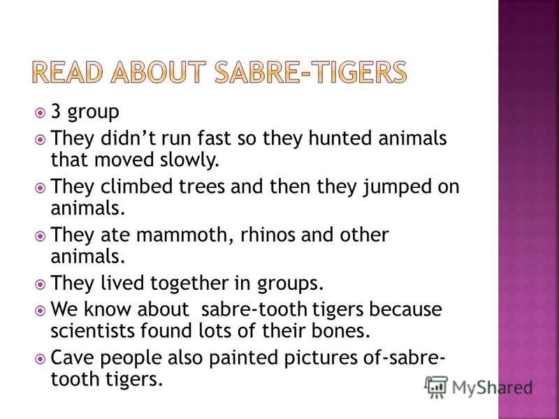 3 group They didnt run fast so they hunted animals that moved slowly. They climbed trees and then they jumped on animals. They ate mammoth, rhinos and other animals. They lived together in groups. We know about sabre-tooth tigers because scientists f