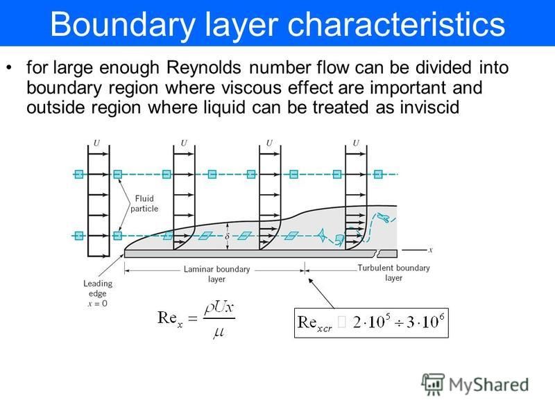 Boundary layer characteristics for large enough Reynolds number flow can be divided into boundary region where viscous effect are important and outside region where liquid can be treated as inviscid