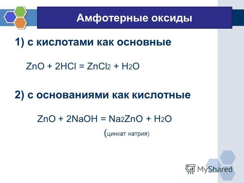 Амфотерные оксиды 1) с кислотами как основные ZnO + 2HCl = ZnCl 2 + H 2 O 2) с основаниями как кислотные ZnO + 2NaOH = Na 2 ZnO + H 2 O ( цинкат натрия)