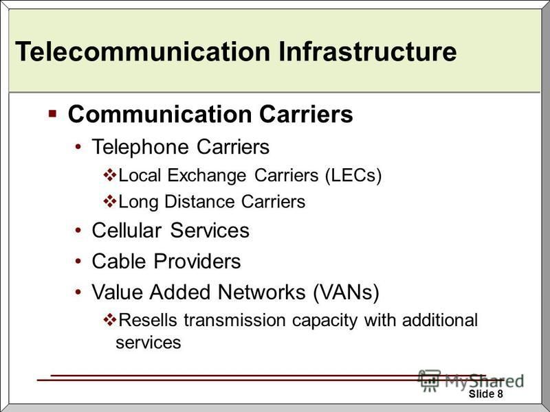 Slide 8 Telecommunication Infrastructure Communication Carriers Telephone Carriers Local Exchange Carriers (LECs) Long Distance Carriers Cellular Services Cable Providers Value Added Networks (VANs) Resells transmission capacity with additional servi