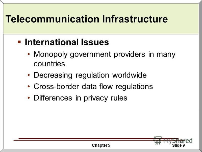Chapter 5Slide 9 Telecommunication Infrastructure International Issues Monopoly government providers in many countries Decreasing regulation worldwide Cross-border data flow regulations Differences in privacy rules