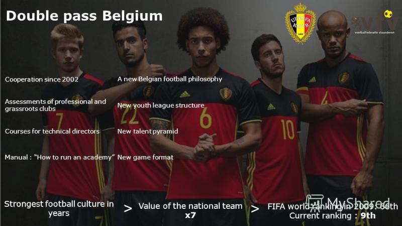Double pass Belgium Value of the national team x7 > > Strongest football culture in years FIFA world ranking in 2009: 66th Current ranking : 9th Cooperation since 2002 Assessments of professional and grassroots clubs New talent pyramid Manual : How t